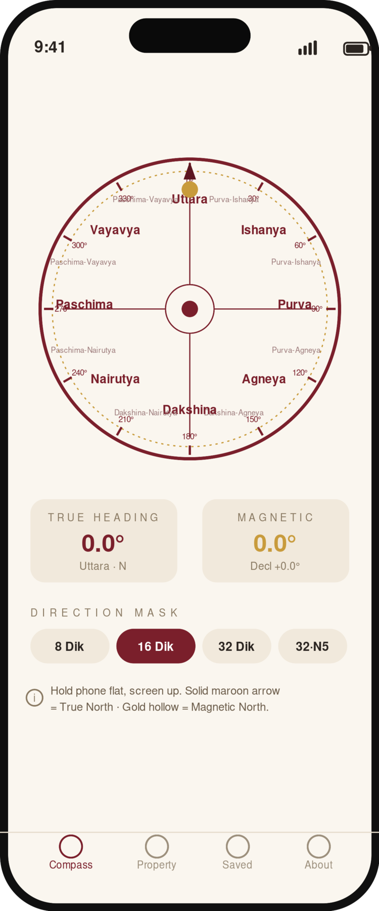 Vastu Compass app — 16 Dik Sanskrit direction mask