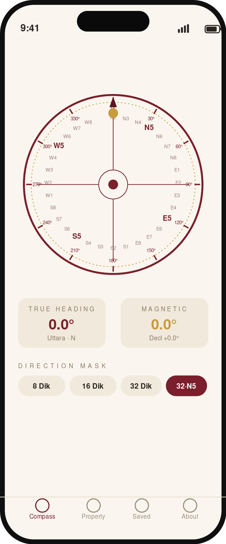Vastu Compass app — 32-N5 pada direction mask close-up