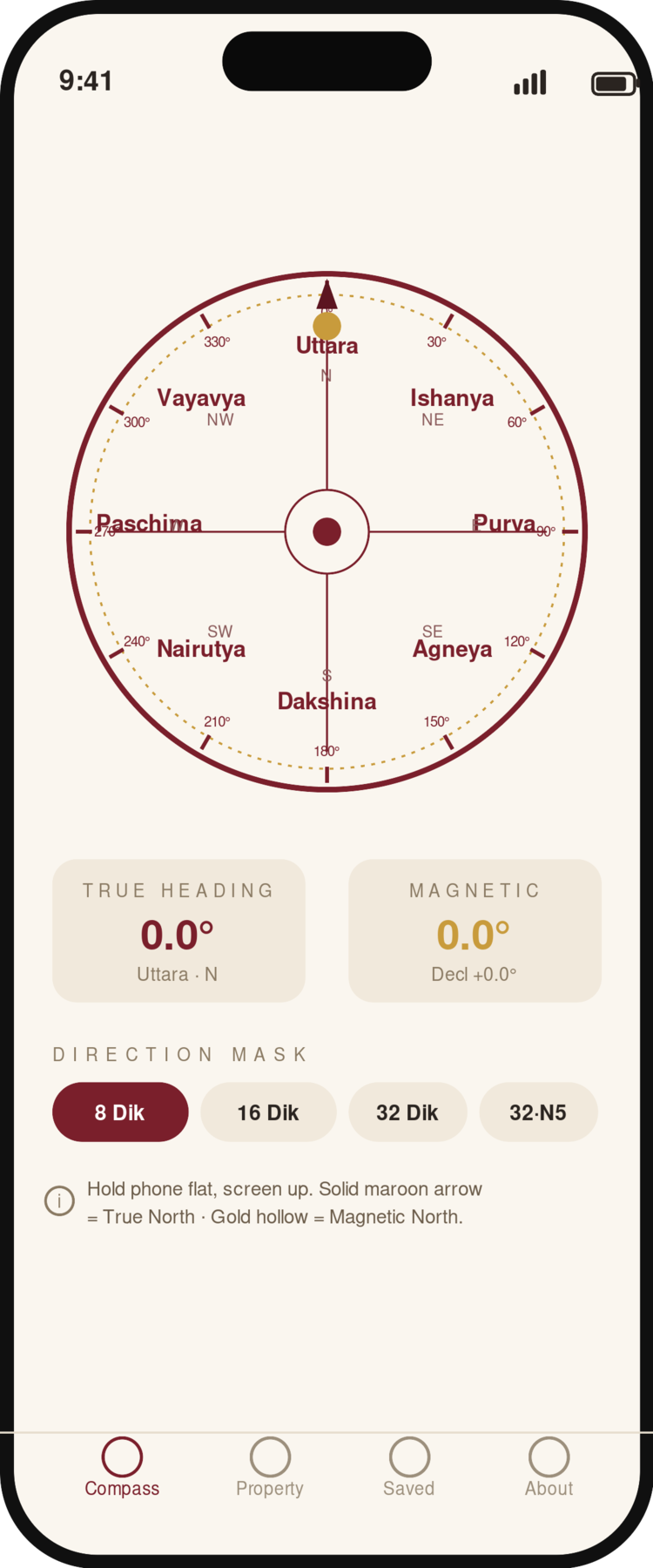 Vastu Compass app — 8 Dik direction mask