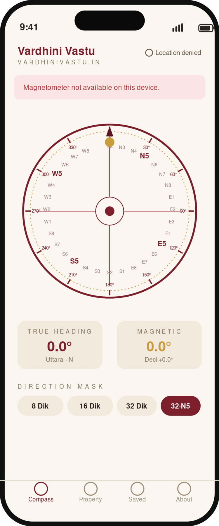 Vardhini Vastu Compass app showing true heading and magnetic heading